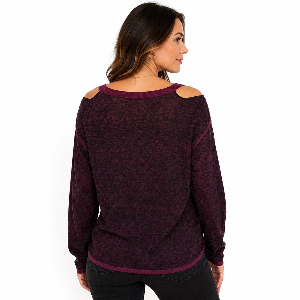 Rock & Republic Womens L Sweater Burgundy Open Shoulder Cotton Whimsigoth Vamp‎ - Picture 2 of 9